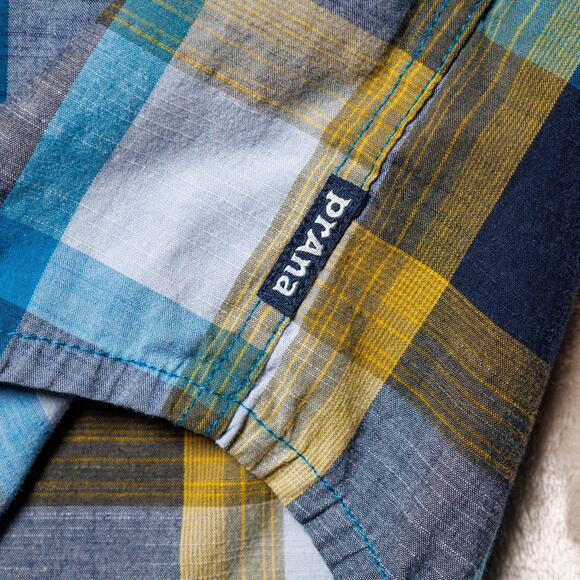 Prana Benton Blue Yellow Plaid Slim Fit Short Sleeve Button Down Shirt Mens L - Picture 11 of 13